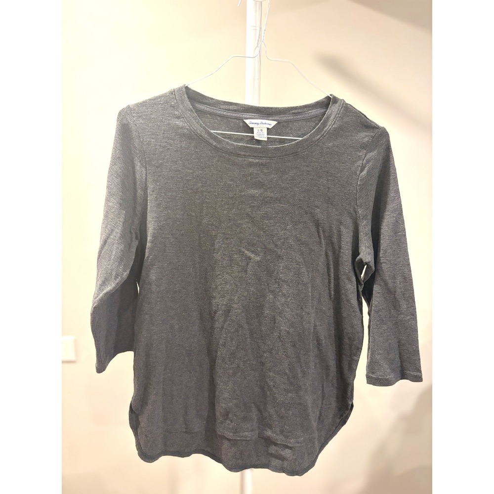 Quiet Luxury Coastal Grandma Charcoal Grey Cotton 3/4 Sleeve Top Women's Large